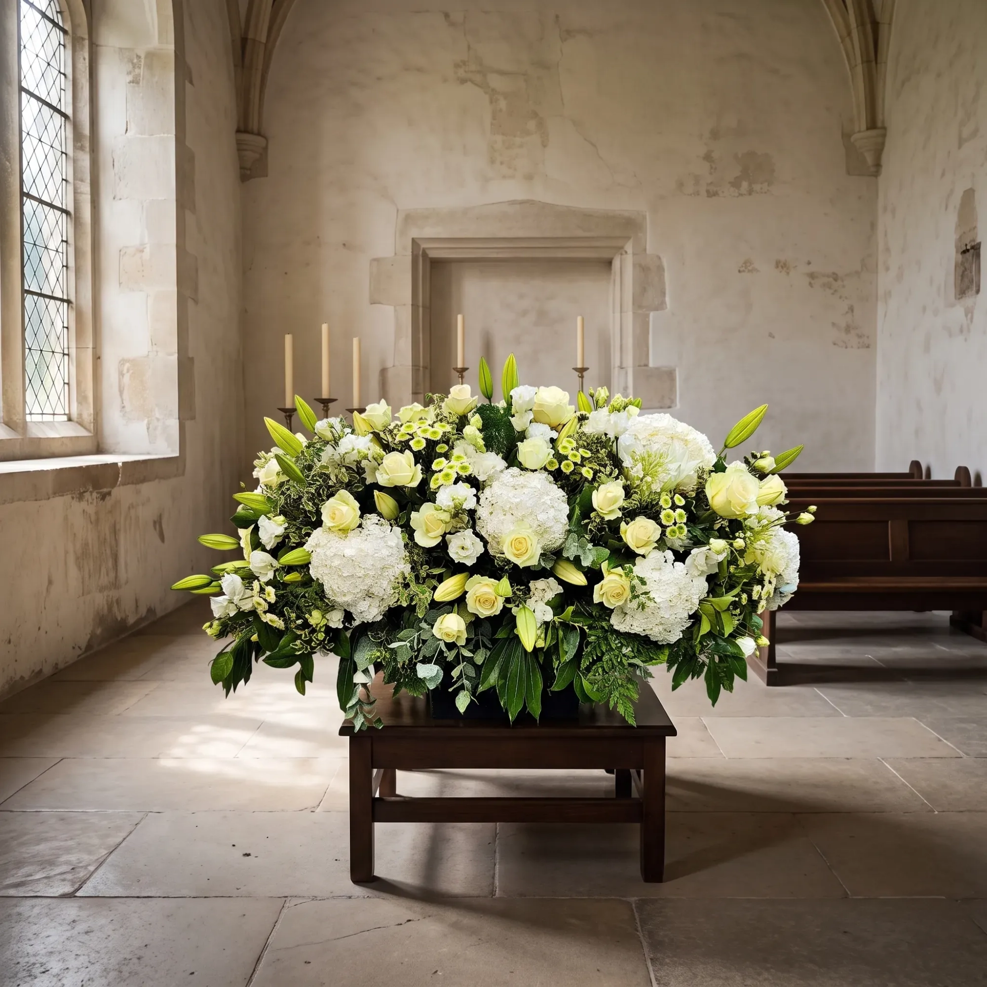 ODRVRXFLREZNJTNE.webp Fleurs deuil Genève dessus de cercueil blanc, roses, hortensias et lys en boutons dans un bac noir