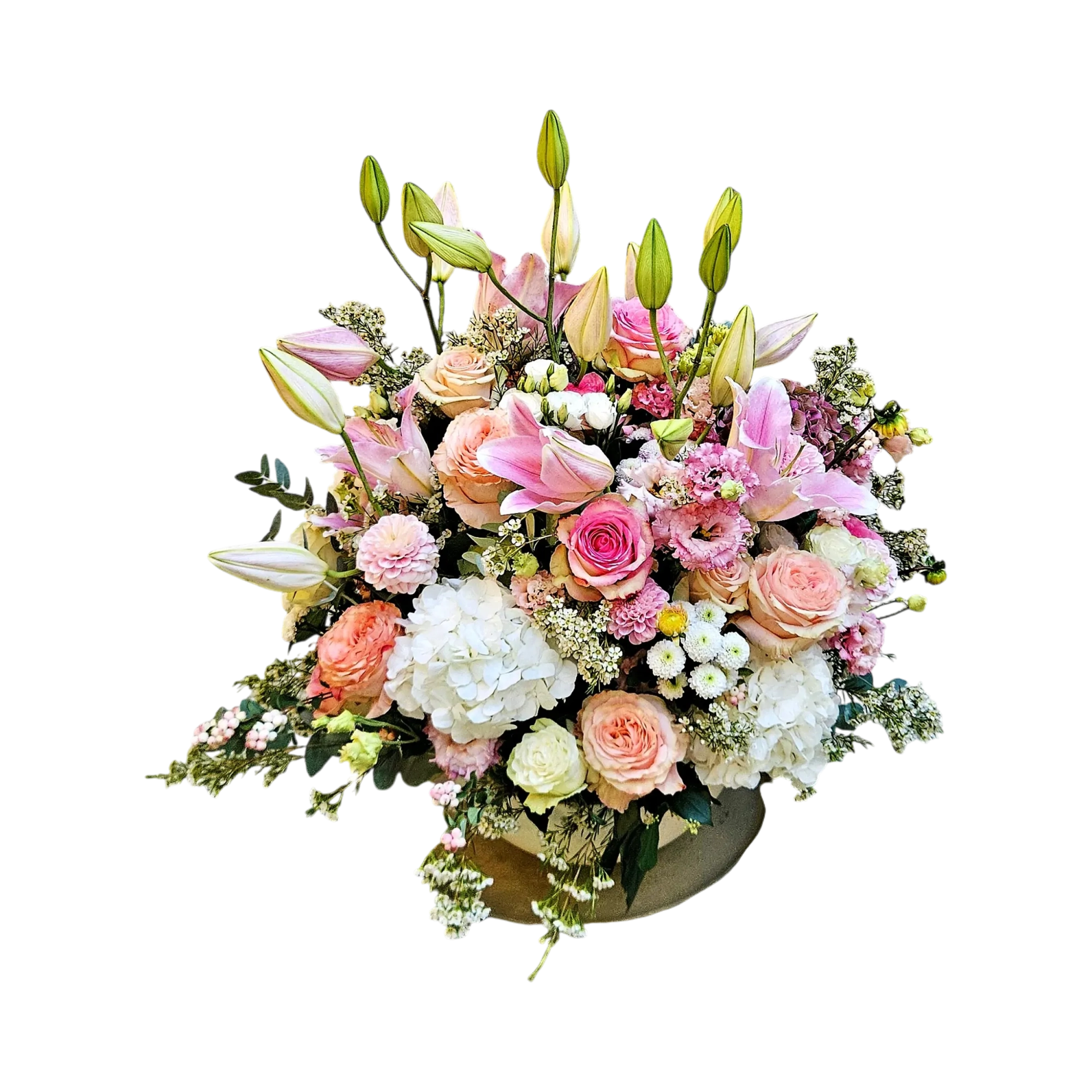 QnRmWjI0TzdzJTNE.webp Fleurs deuil Genève lys roses pastel : arrangement Veillée de rosée aux lys, roses et hortensias blancs