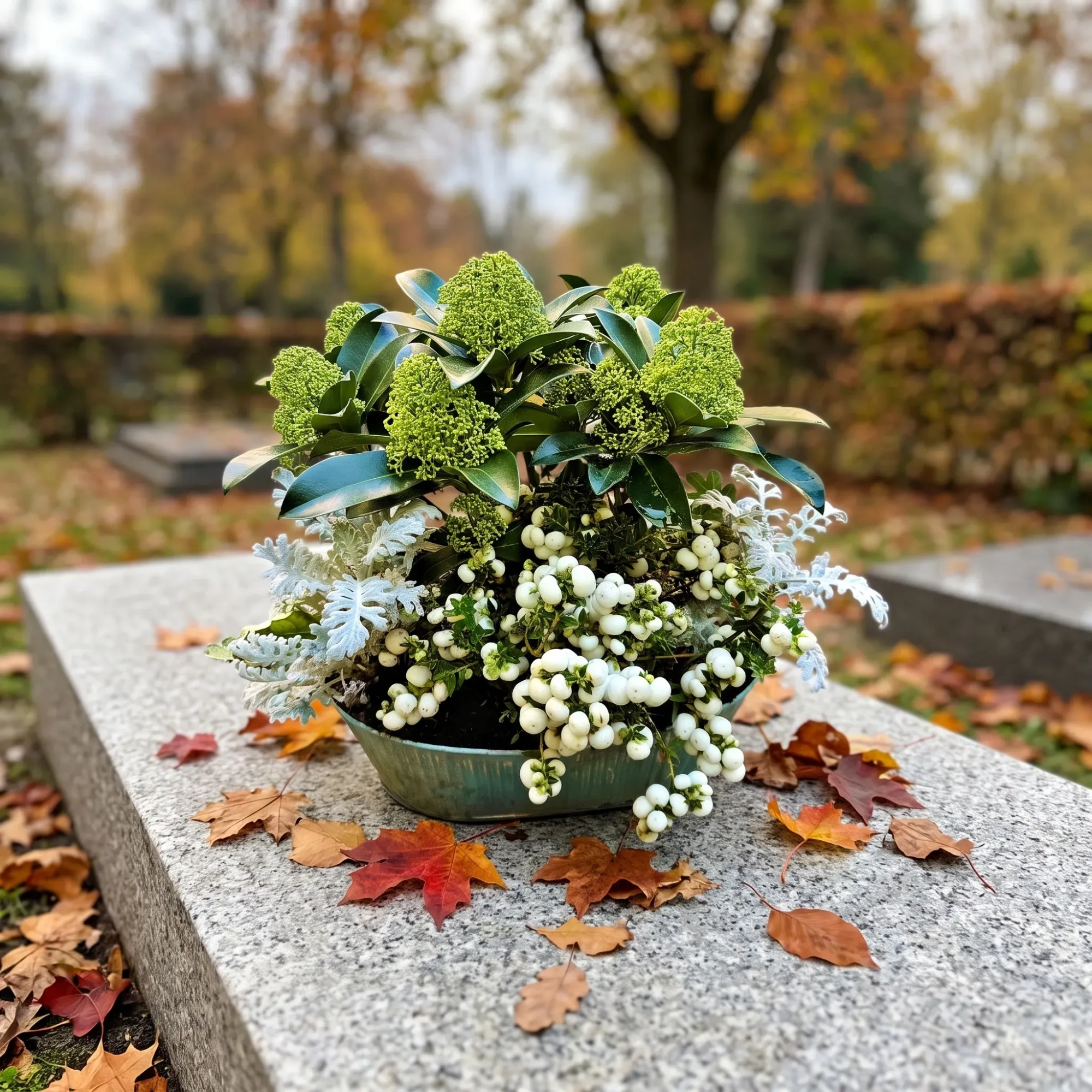 RXZNJTNE.webp Plantation tombe Genève skimmia vert, cinéraire argenté et symphorine à baies blanches en coupe de zinc