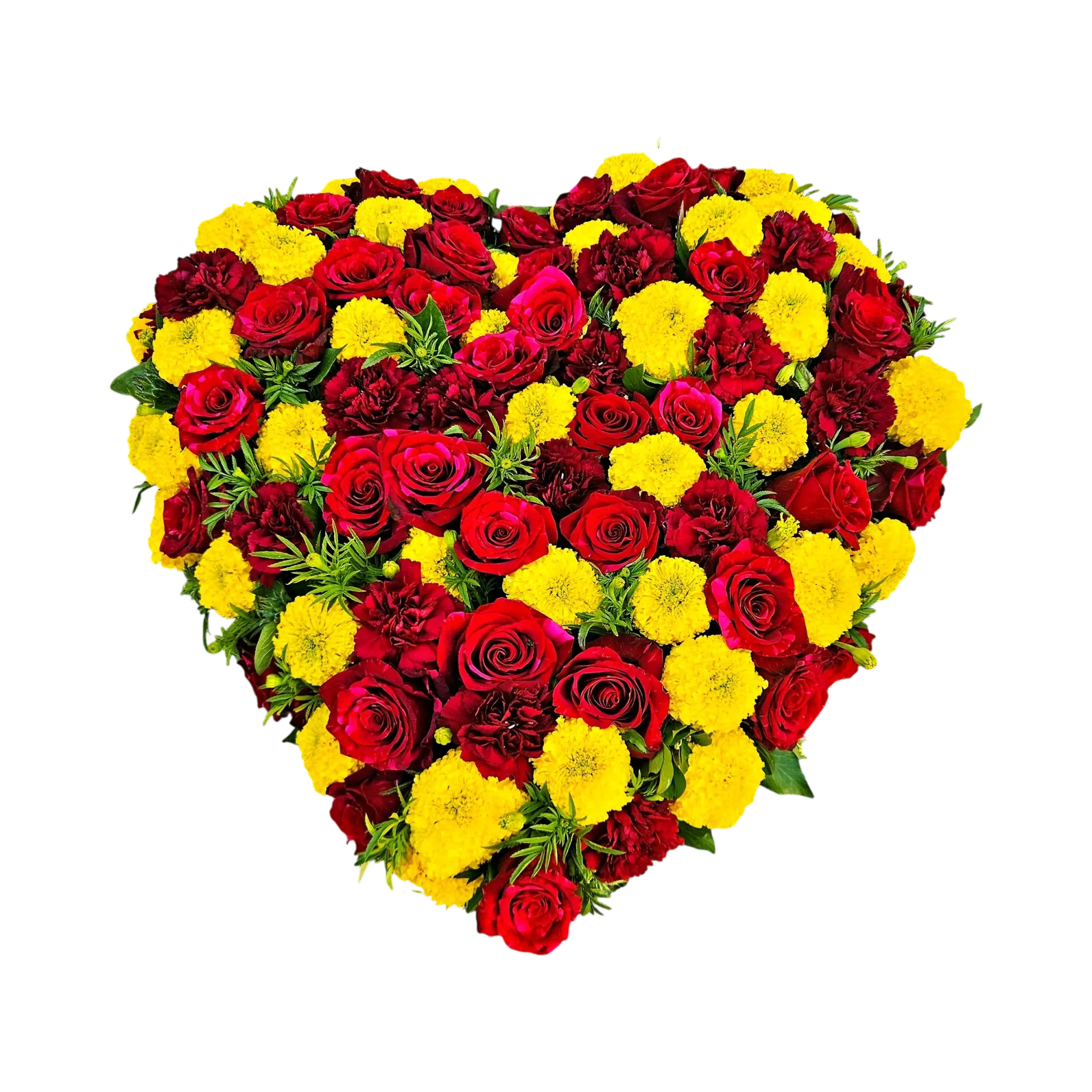 ZyUzRA-1.webp Fleurs deuil Genève : cœur de roses rouges, œillets bordeaux et tagètes posé à plat