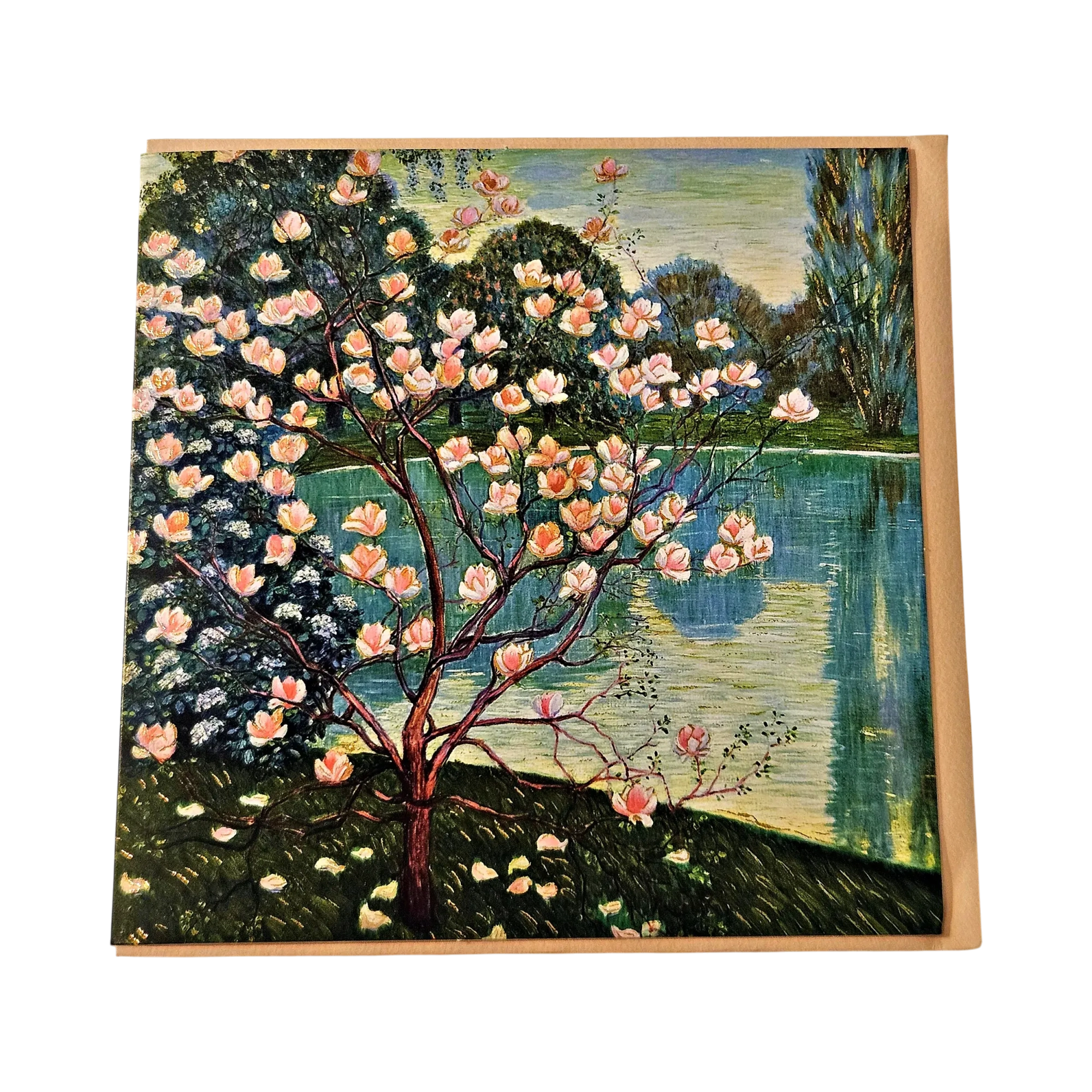 bTBTSUJQdnRZJTNE.webp Carte condoléances Genève magnolia lac carrée, peinture d'un magnolia rose pâle et doré au bord d'un lac