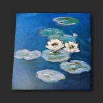 Carte condoléances Genève nymphéas bleu carrée, peinture à l'huile aux nymphéas blancs et dorure