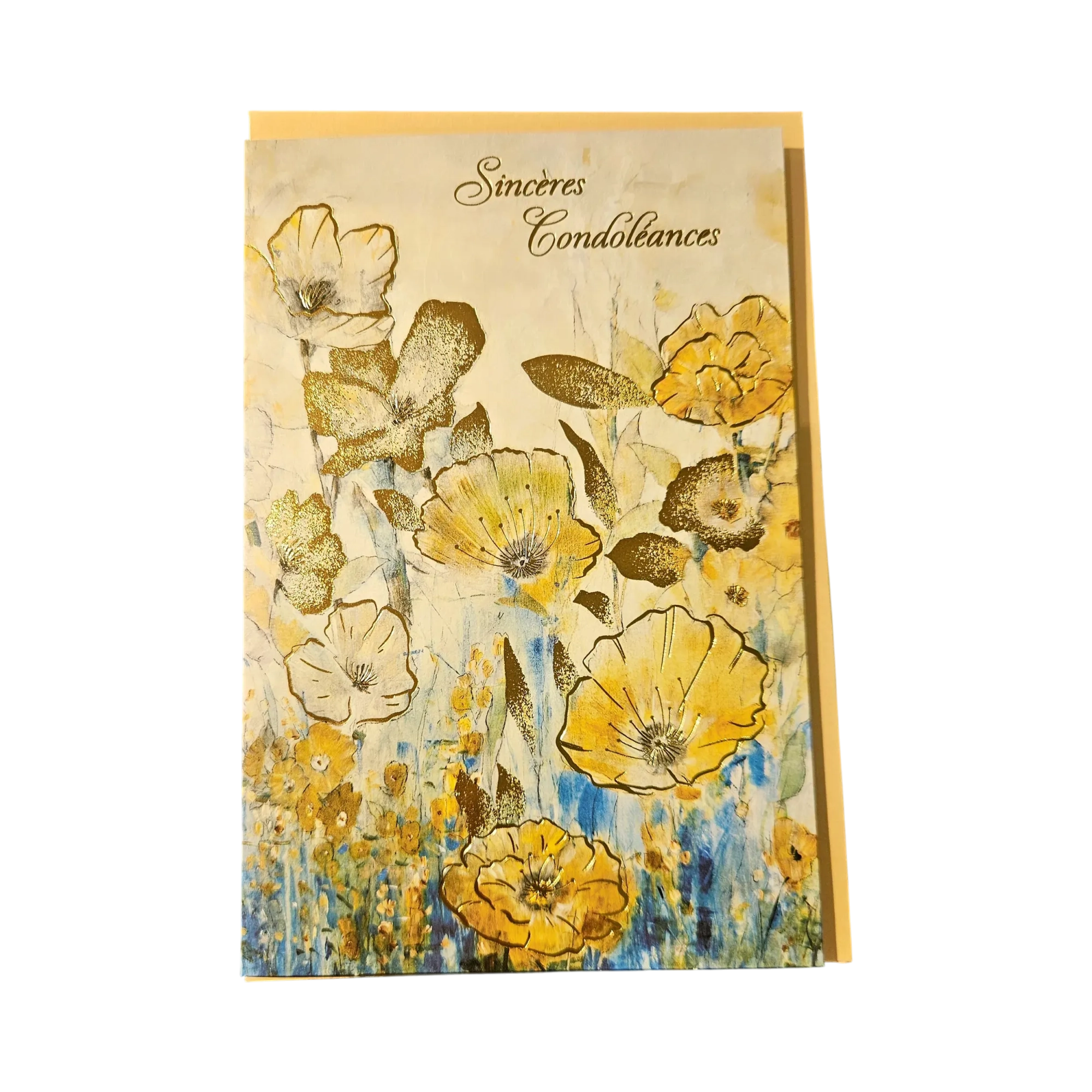 dyUzRA-3.webp Carte condoléances Genève pavots dorés, peinture de fleurs jaunes et blanches avec dorure en relief