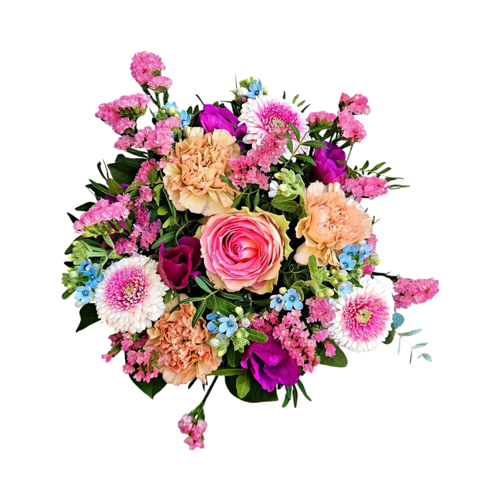 Gros plan du Rosée du Portique, notre bouquet printemps Genève, avec sa rose praline, ses œillets pêche et ses myosotis bleus.