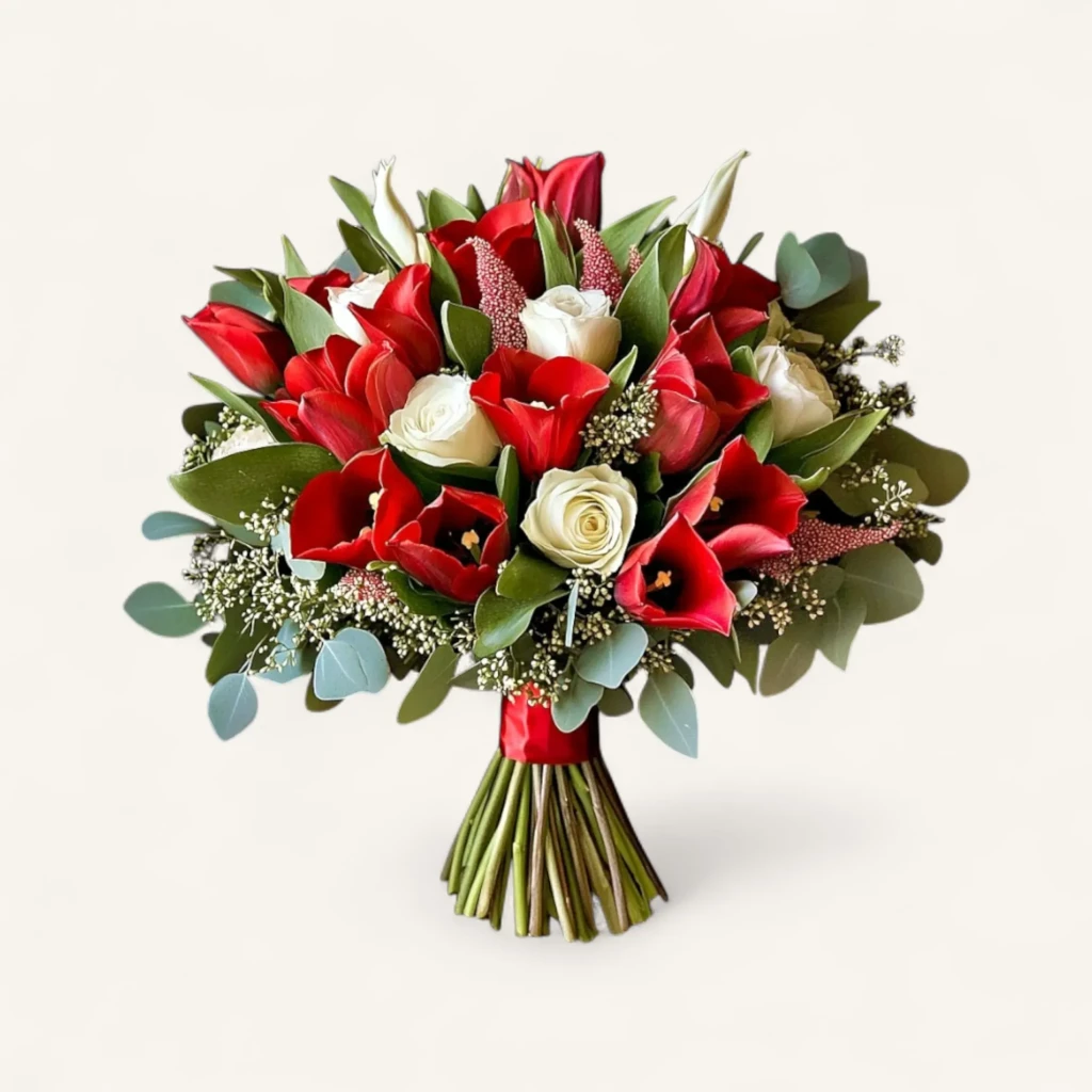 Magnifique bouquet arums rouges roses blanches geneve 'Je l'aime... Un peu', avec gypsophile et eucalyptus, noué d'un ruban rouge.