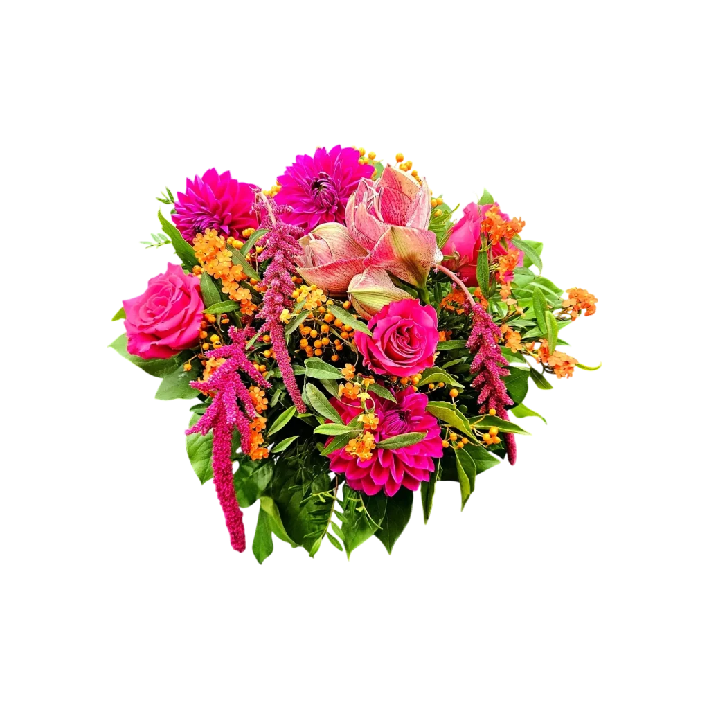 bouquet corde pourpre Genève — amaryllis, dahlias, roses et amaranthus tons fuchsia et orange