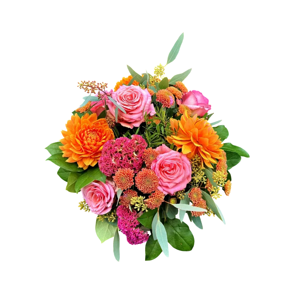 braise du léman Genève : bouquet automnal de dahlias orange, roses satinées et célosies velours