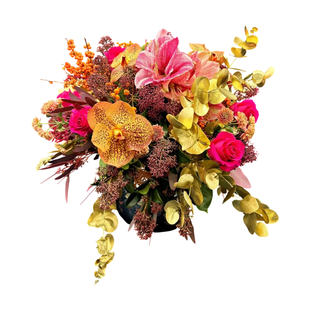 bouquet noel etamine carminée amaryllis, roses fuchsia, orchidée tachetée et feuillage doré — composition festive à Genève